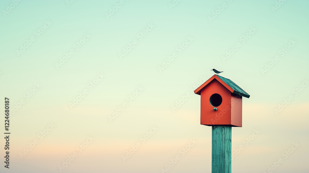 A single, clean birdhouse on a post, set against a backdrop of a plain sky.