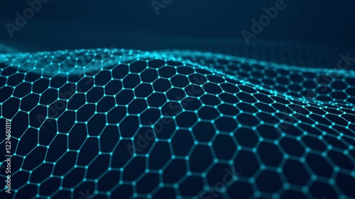 Abstract hexagon wave. Digital network. Connection of particles and lines in hexagon shape. Data. Technology background. 3d rendering. Seamless loop.
