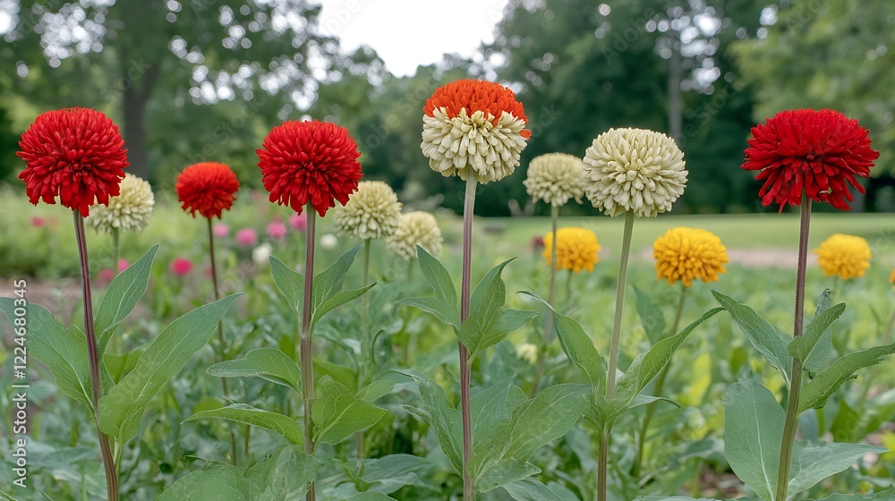 Colorful flowers stand tall in garden with trees behind Colorful flowers stand tall in garden with trees behind