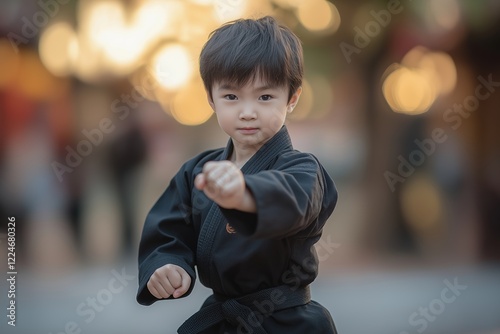 An Asian boy intensely practices martial arts in training center photo