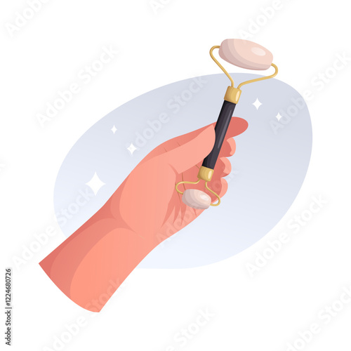 Self care. Roller for gua sha in woman's hand for face massage.  Beauty, skin care concept. Vector illustration for banner, card or poster.