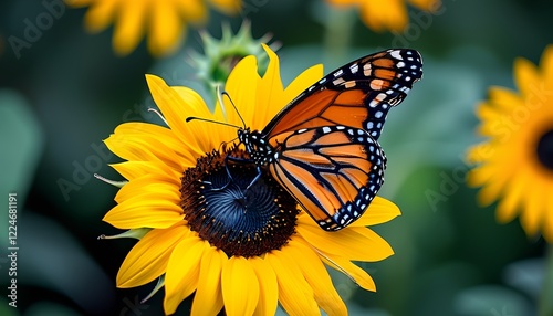 Butterfly pollinating sunflower in garden nature photography close-up vibrant colors macro shot photo