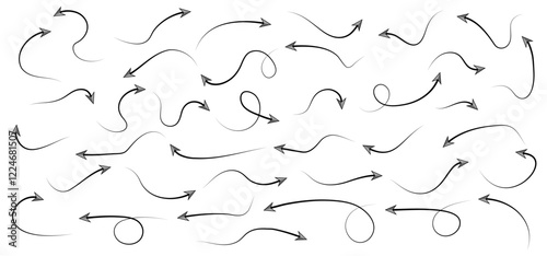 Hand-drawn Doodle arrows icon set or graphics collection. Pointer icons. Pointer graphic symbols. Sketch arrow design for business plan and education. Vector illustration.