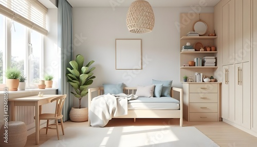 Light and Airy Bedroom with Daybed and Built in Shelving photo