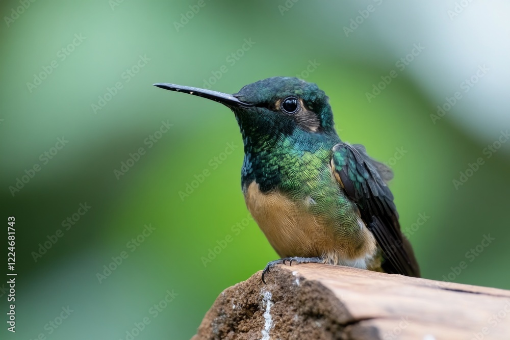 Obraz premium Colorful hummingbird perched on a branch in a lush environment.