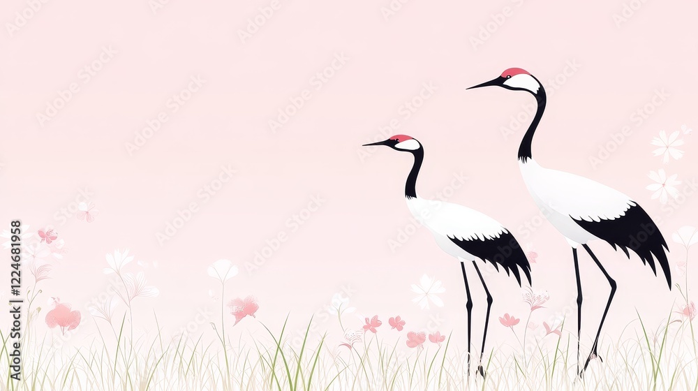 Fototapeta premium Elegant Cranes in Pink Floral Meadow Landscape