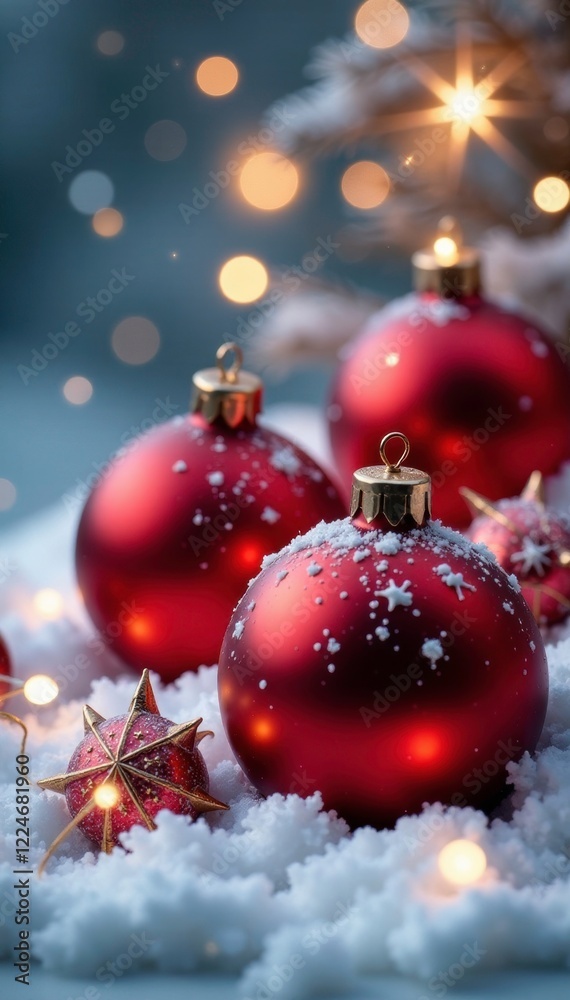 Sparkling snowflakes surrounding three bright red baubles, red ornaments, winter decor, seasonal decoration Sparkling snowflakes surrounding three bright red baubles, red ornaments, winter decor, seasonal decoration