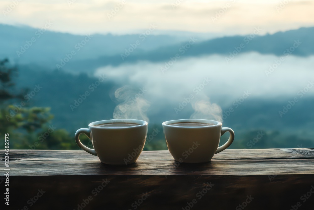 . Two steaming cups of coffee on a rustic wooden ledge, overlooking a foggy mountain valley. . Two steaming cups of coffee on a rustic wooden ledge, overlooking a foggy mountain valley.