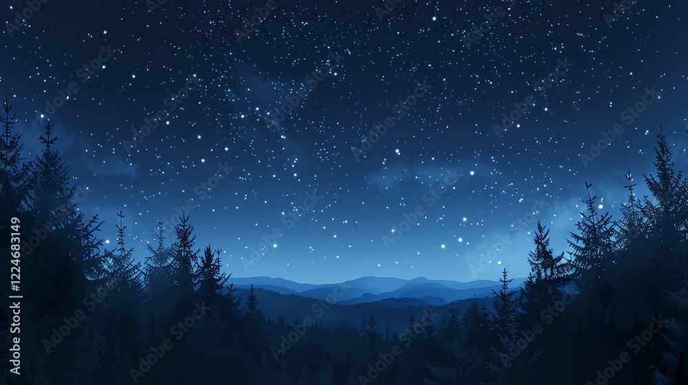 Naklejka premium A night sky filled with stars over a dark forest and mountain range.