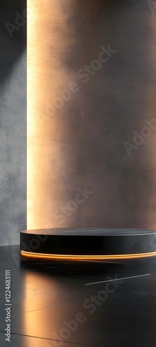 Wallpaper Mural A minimalist podium on a black polished floor, placed in front of a geometric abstract background with soft glowing lines Torontodigital.ca