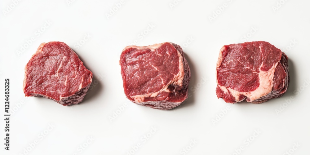 Obraz premium Raw red meat pieces isolated on a white background. Delicious Fresh Rib eye Steak Cuts for Presentation. Three premium ribeye steaks with rich marbling, for grilling meals. Prime Boneless Hip Sirloin