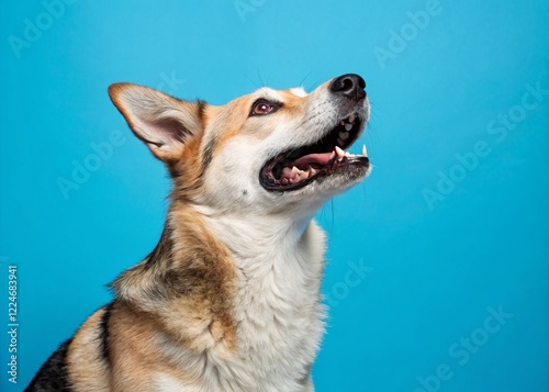 Happy Mixed Breed Dog, Open Mouth, Blue Background Studio Portrait