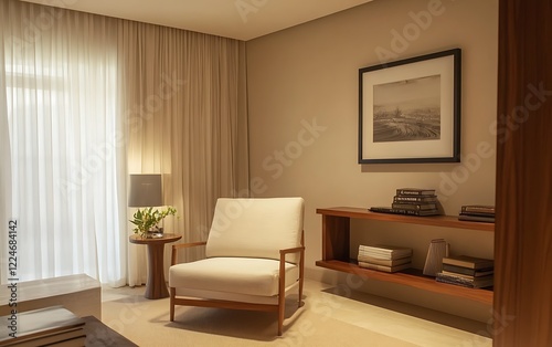A well-lit, modern living room with a soft, upholstered sofa, a compact side table holding a plant