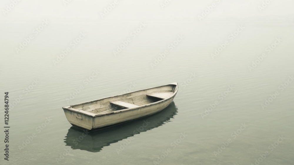 Naklejka premium Solitary rowboat on calm, misty water.