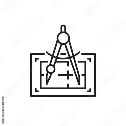 The illustration features an outline icon that depicts a compass placed over a blueprint, effectively symbolizing the concepts of renovation and construction design within the industry