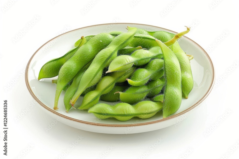 Freshly harvested edamame served on a white plate, highlighting vibrant green hues and a healthy snack option isolated on transparent background Freshly harvested edamame served on a white plate, highlighting vibrant green hues and a healthy snack option isolated on transparent background