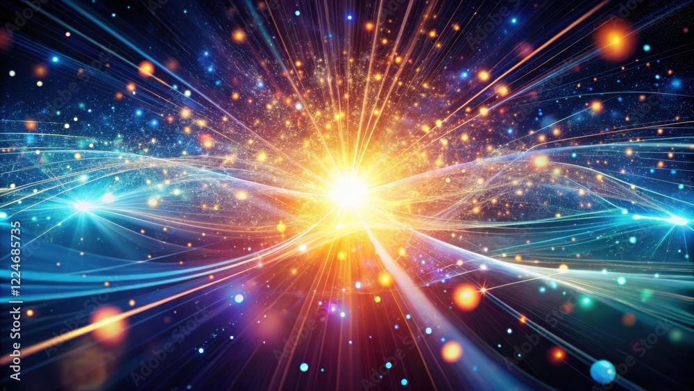 Fototapeta premium Abstract Cosmic Energy Burst Vibrant Light Trails and Sparkling Dust