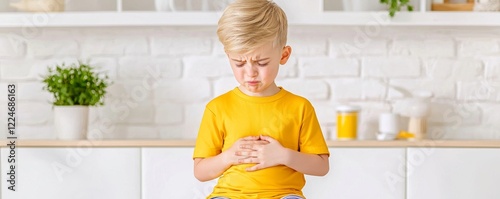A young boy in a yellow shirt holds his stomach, looking distressed in a bright kitchen setting.