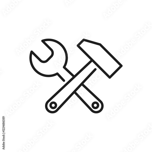 This outline icon represents essential tools used in construction and renovation, featuring items like a wrench and hammer that symbolize the artistry and technical skill required in these industries