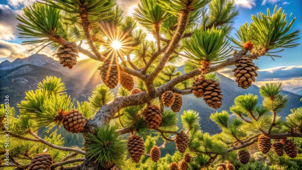 Sunlit pine tree branches laden with ripe pinecones, backlit by a vibrant sunrise over a distant mountain range Sunlit pine tree branches laden with ripe pinecones, backlit by a vibrant sunrise over a distant mountain range