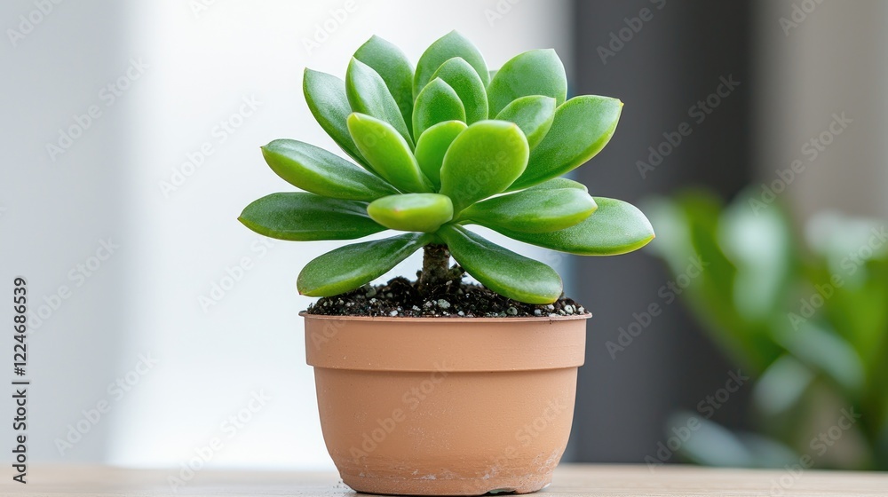 Obraz premium Succulent plant in pot on wooden table, home office background