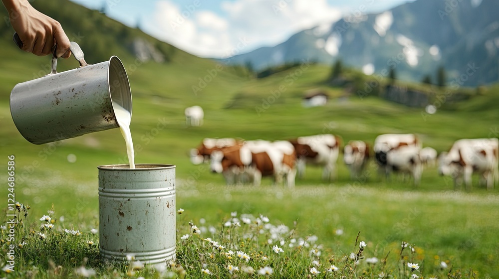 cows milk on alpine meadow. Selective focus. cows milk on alpine meadow. Selective focus.