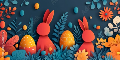 Creative Easter card with two bunny silhouettes, floral patterns, and abstract egg shapes on a dark background