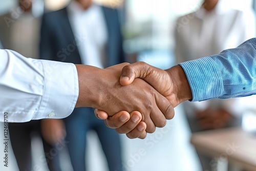 Close-up of a varied group of business professionals shaking hands in a contemporary office.