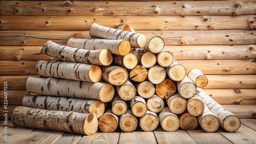 A neatly stacked pile of birch logs rests against a rustic wooden wall, showcasing natural wood texture and creating a cozy, rustic ambiance.