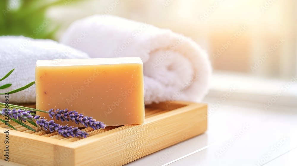 Relaxing spa scene featuring lavender soap on a wooden tray with rolled towel and soft sunlight Relaxing spa scene featuring lavender soap on a wooden tray with rolled towel and soft sunlight