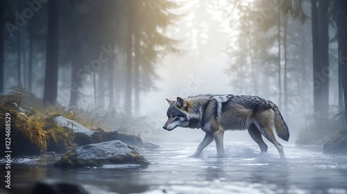 Graceful wolf crossing quiet lake surrounded by atmospheric forest under glowing ethereal moonlight photo