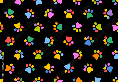Dog paw seamless pattern cat footprint. Colorful background. Pets adoption. Veterinary care and facilities. Homeless pet rescue