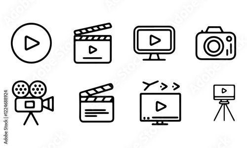 Video player icon set. Containing play or start button, pause or stop, media, camera, live, cinema, multimedia, film, handycam, clapperboard, movie, streaming or online video. Vector illustration