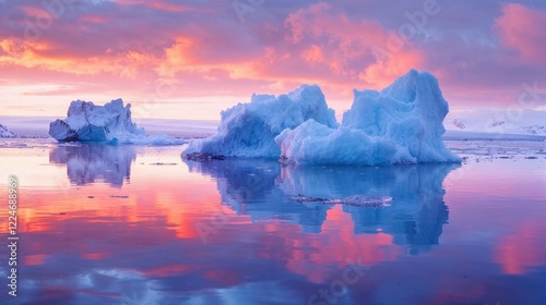 Majestic blue icebergs float peacefully on a still Arctic ocean, reflecting the breathtaking hues of a fiery pink and orange sunset, creating a surreal and mesmerizing natural scene
