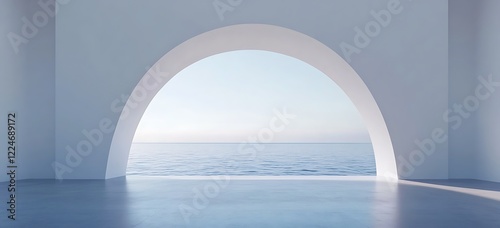 Abstract white wall background of a modern luxury villa interior with a panoramic window showing a beautiful sea view, an empty room for product presentation in minimalistic style