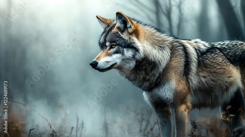 Lone wolf crossing quiet lake surrounded by serene forest under ethereal misty moonlit sky photo