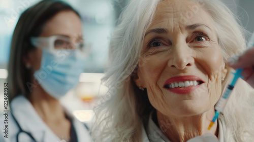 an elderly woman smiles at a doctor's appointment photo