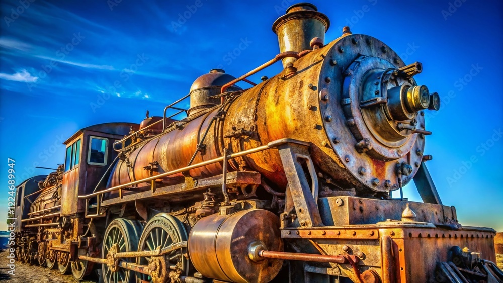 Obraz premium Historic Steam Locomotive under Vast Blue Sky - Vintage Railroad Stock Photo