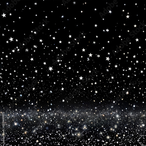 The image depicts a night sky filled with stars, creating a starry background. The upper portion is densely populated with stars, while the lower part shows a gradient of stars fading into a darker re