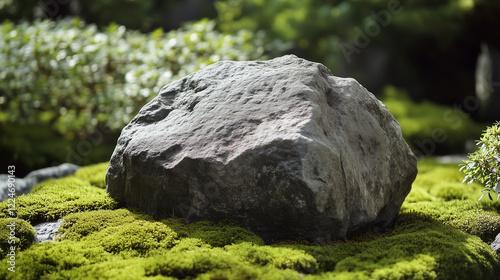 A stark, minimalist garden with one large, smooth boulder, moss just starting to grow.