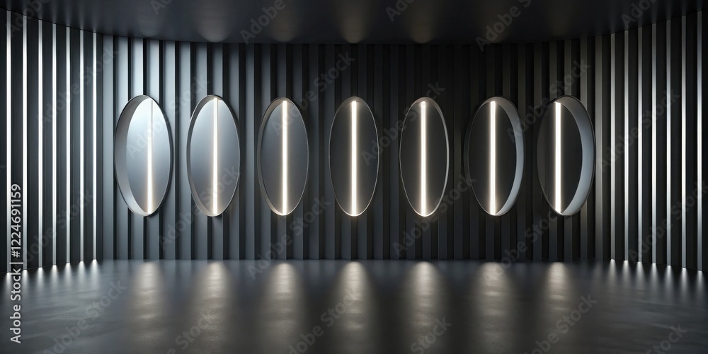 Modern minimalist interior design with illuminated oval windows