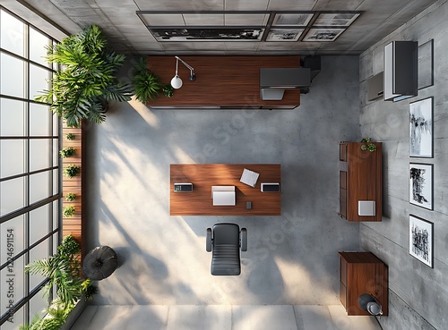 Aerial view of a stylish office space with sleek furniture, a large desk, and modern decor, featuring a spacious layout and natural lighting, with a copy space for text