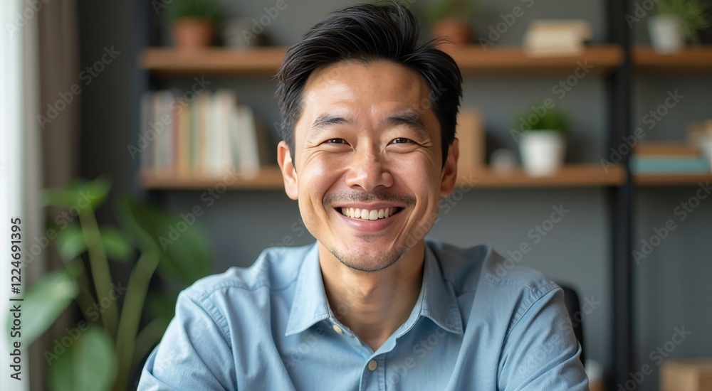 Smiling middle-aged Asian man conducting a language seminar from a cozy home office via video call