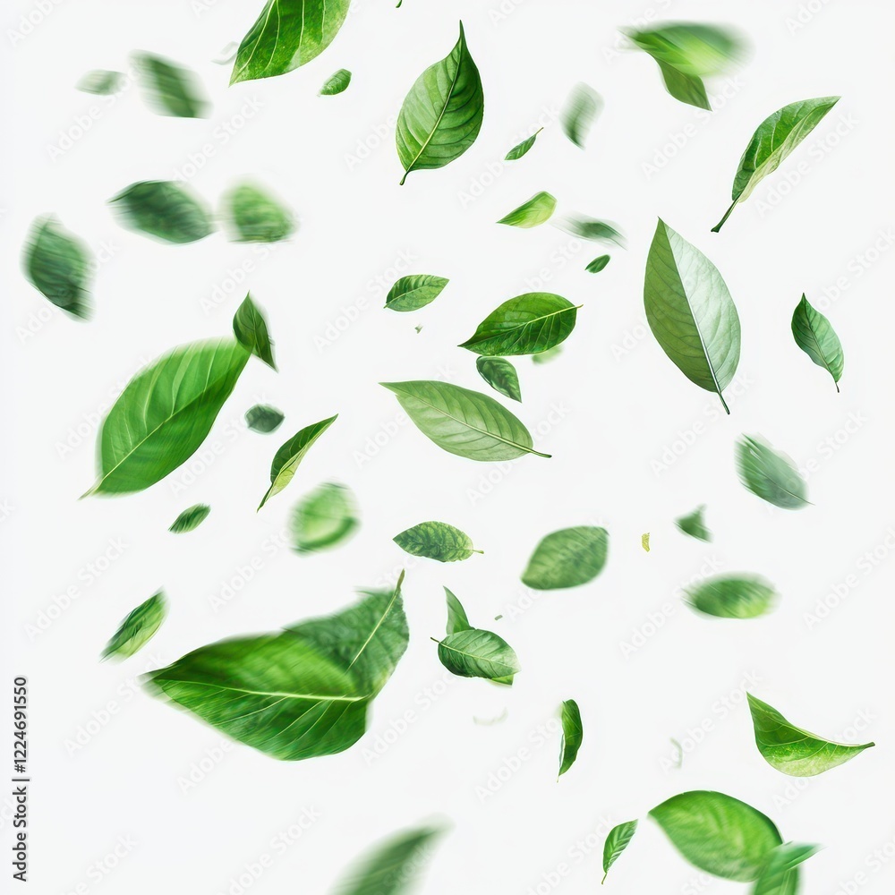 Green leaves falling, white background, nature, freshness, design Green leaves falling, white background, nature, freshness, design