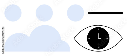 Group symbols with stylized cloud, minimalist eye containing a clock, and a horizontal bar. Ideal for teamwork, time tracking, project planning, organization, focus, productivity abstract line flat