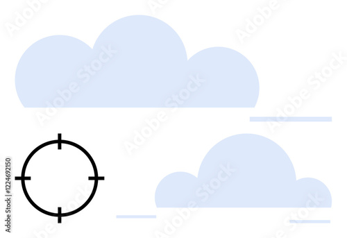 Black target focus overlaying light blue clouds. Ideal for goal setting, precision, technology, science, strategic planning, navigation, weather forecasting. Line metaphor