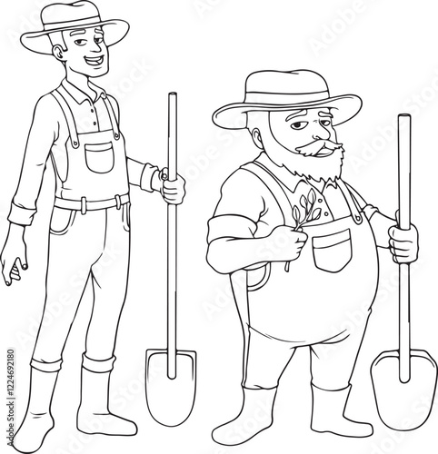 Hand-drawn vector illustration of farmers in different styles. Includes traditional, cartoon, and modern characters with farming tools. Perfect for agriculture, rural life, organic food. 