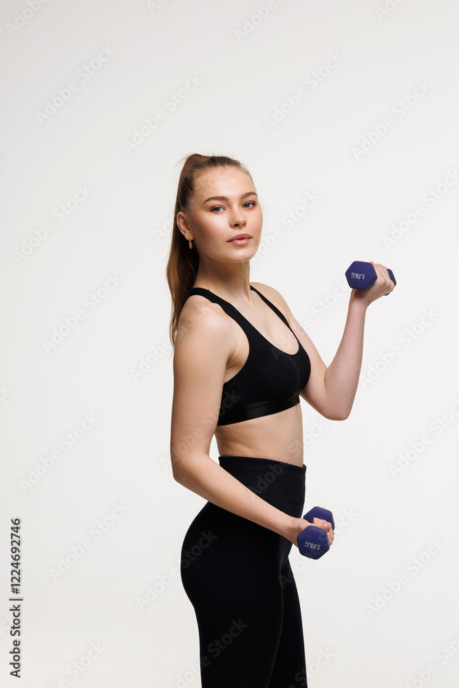 Beautiful young woman doing exercises with dumbbells at biceps isolated on white background. Strength and motivation Beautiful young woman doing exercises with dumbbells at biceps isolated on white background. Strength and motivation