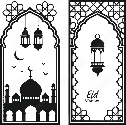 Elegant black and white design depicting an Islamic mosque and lanterns, framed by intricate archways and decorative patterns.