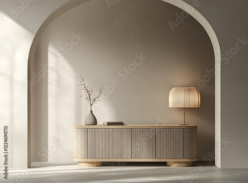 An empty light gray wall in an interior mockup with a sleek sideboard and a modern lamp, 